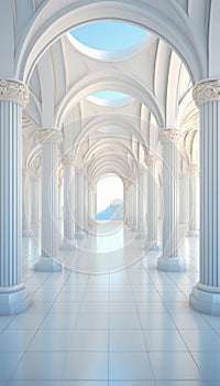 Long White Hallway With Columns and Arches