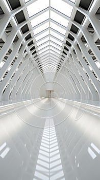 A long white hallway with a skylight above it. Generative AI image.