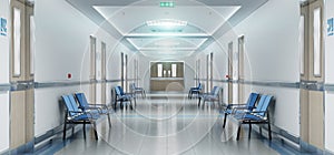 Long white hospital corridor with rooms and seats 3D rendering. Empty accident and emergency interior with bright lights lighting