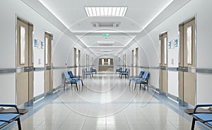 Long white hospital corridor with rooms and seats 3D rendering. Empty accident and emergency interior with bright lights lighting