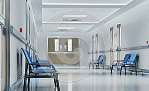 Long white hospital corridor with rooms and seats 3D rendering. Empty accident and emergency interior with bright lights lighting