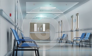 Long white hospital corridor with rooms and seats 3D rendering. Empty accident and emergency interior with bright lights lighting