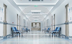 Long white hospital corridor with rooms and seats 3D rendering. Empty accident and emergency interior with bright lights lighting