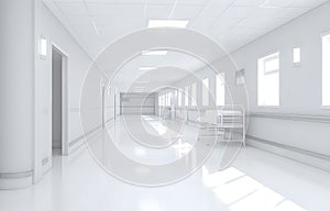 Long white hospital corridor with rooms and seats, empty accident and emergency interior