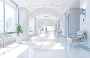 Long white hospital corridor with rooms and seats, empty accident and emergency interior