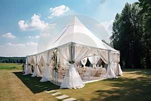 Long white tent for wedding party in the woods. Generative AI
