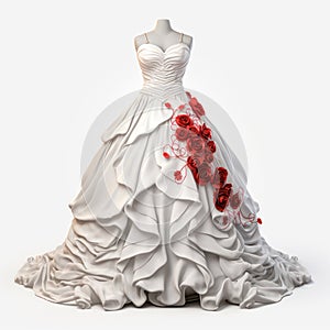 A long white wedding dress isolated on a white background