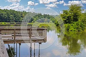 A long winding boardwalk along the river with a wooden rail along the sides with vast still river water, lush green trees