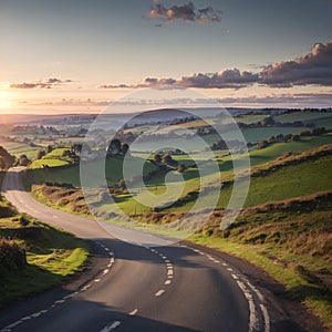 Long and winding rural road leading through green hills in the Peak District, UK at sunset. made with Generative AI