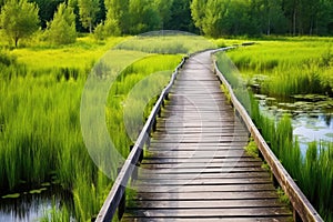 a long winding wooden bridge over a swamp