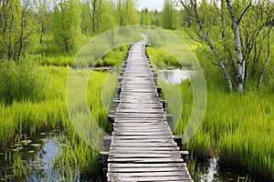 a long winding wooden bridge over a swamp