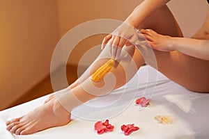 Long Woman Legs. Woman Cares About Her Legs. Sugaring Treatment