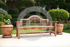 A long wood bench chair with a garden landscape background
