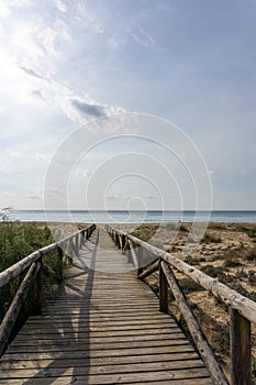 Long wooden boardwalk and beach access leads to beach and glistening ocean photo
