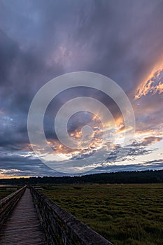Long wooden boardwalk leading across a lush green wetlands below a bright cloudy sunset