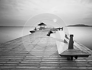 The long wooden bridge in black and white