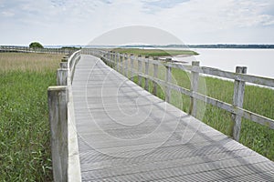 Long wooden bridge over water photo