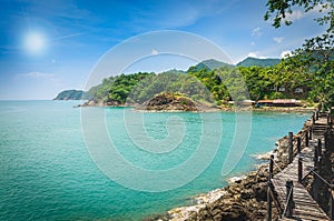 Long wooden bridge pavilion in beautiful tropical island seaview - Koh Chang, Trat Thailand