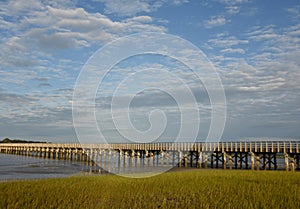 Long Wooden Bridge Stretching Over Duxbury Bay