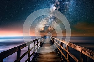 a long wooden pier with a view of the night sky and stars in the sky over the ocean and the ocean with a long pier