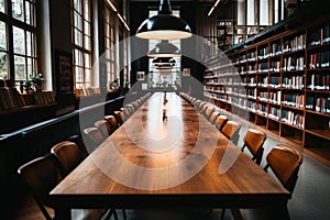 Long wooden table and chairs in modern library interior design