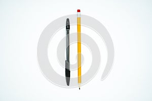 A long yellow pencil and black pen, isolated on white background, copy space for text. School office supplies