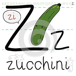 Long Zucchini Practicing the lesson of Letter Z of Alphabet, Vector Illustration