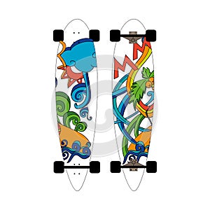 Longboard depicting doodles on a summer theme