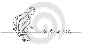 Longboard skate trick. Simple vector background, web banner, poster. One continuous line drawing of skater with