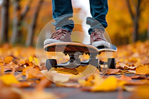 longboarder with autumn leaves backdrop