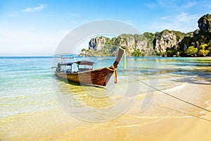 Longboat and tropical Railay beach in Thailand