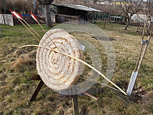 longbow and arrows straw target selfbow yew agincourt type english photo