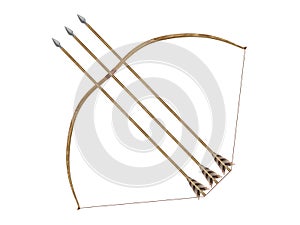 Longbow with three arrows and stretched string 3d rendering