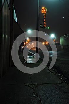 A longely figure on a foggy night in Downtown Weir, Kansas during Christmas time