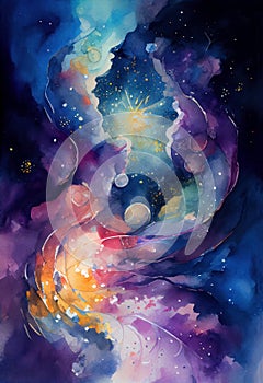 The Longest Night: A Painting of Person, Colorful Neb, Background Mana, Flowing Watercolor Suns, and Supernovas photo