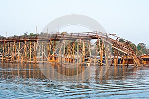 The longest wooden bridge and floating Town in Sangklaburi Kanchanaburi Thailand