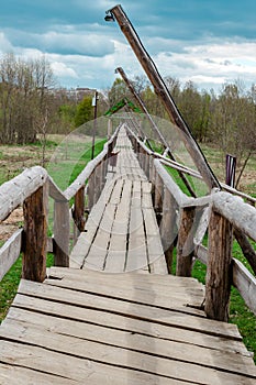 Longest wooden pedestrian Typographic bridge in Alexander Park in Kirzhach, Vladimir region, Russia