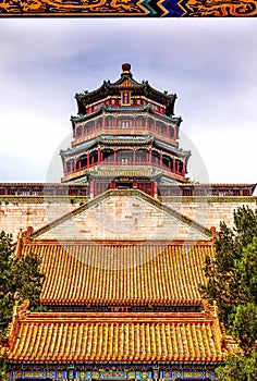 Longevity Hill Buddha Tower Orange Roofs Summer Palace Beijing China