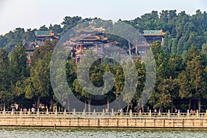 Longevity Hill and Summer Palace from Kunming Lake Beijing China with smog in the air