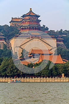 Longevity Hill and Summer Palace from Kunming Lake Beijing China with smog in the air