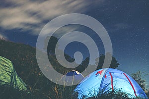 LongExposure Camping on the top of the mountain under the sky st