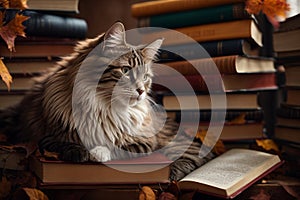 Longhaired Cat Amongst Stacks of Books