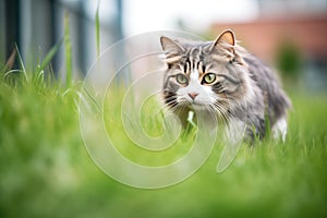 longhaired cat stalking in the grass