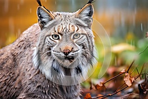 Longhaired wet lynx looking at camera, splash theme