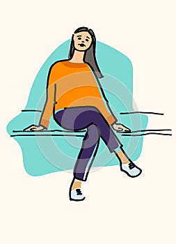 Longhaired young woman sitting on a bench vector illustration. Lecture listener concept. Waiting concept