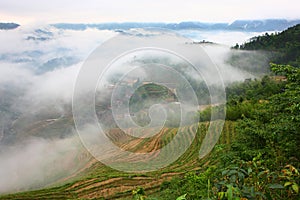 Longji terrace with fog ,Guilin