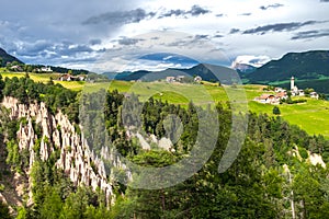 Longomoso Earth Pyramids and Dolomites and Meadows, Renon Italy