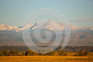 Longs Peak covered in snow from Denver and Commerce City, Colorado