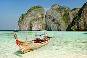 Longtail boat anchored at Maya Bay on Phi Phi Leh Island, Krabi