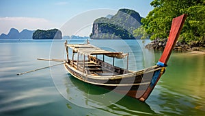 Longtail boat in Andaman sea, Krabi province, Thailand, Longtail boat anchored in the sea, with the landscape of the archipelago